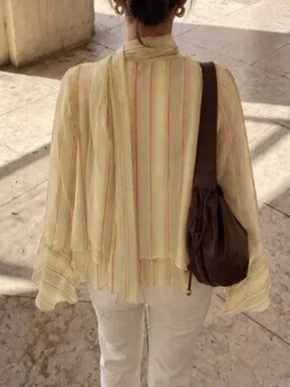 ZARA Yellow Casual Women's Rainbow Striped Chiffon Ruffle Frill Trim Blouse